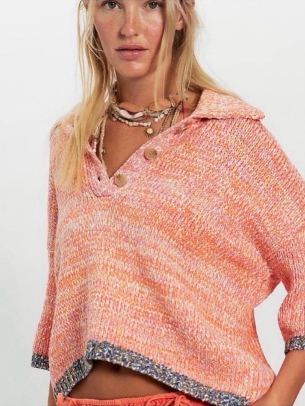 NWT Free People On The Roll Knit Polo - pink tulip combo